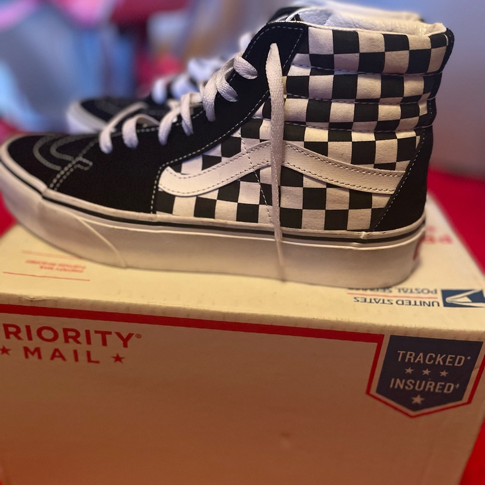 platform checkered sk8 hi vans